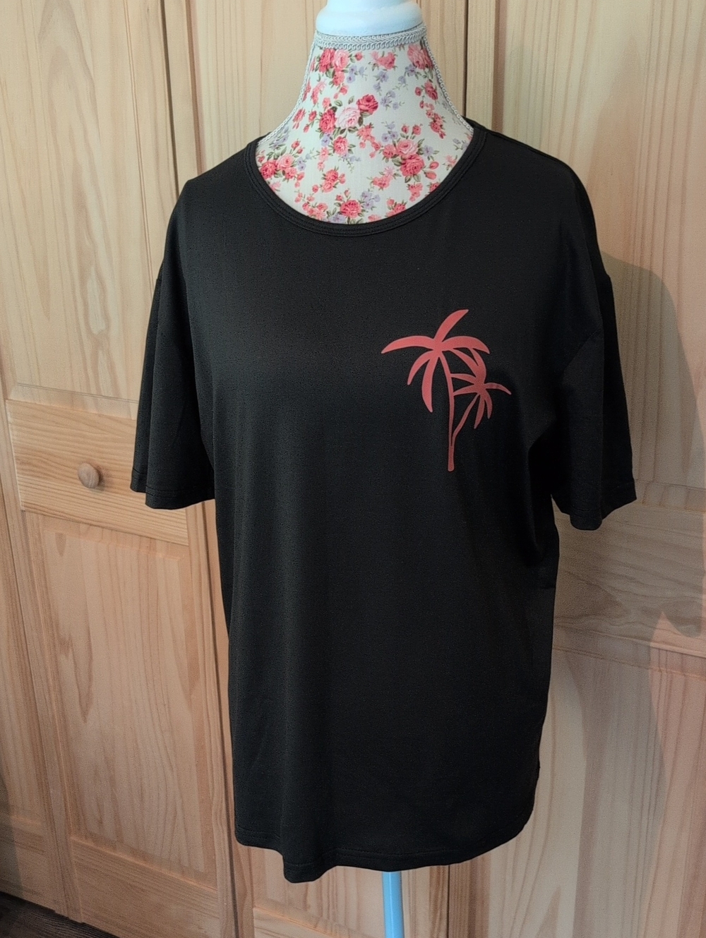 Black Tee with Coral Palm Tree Graphic